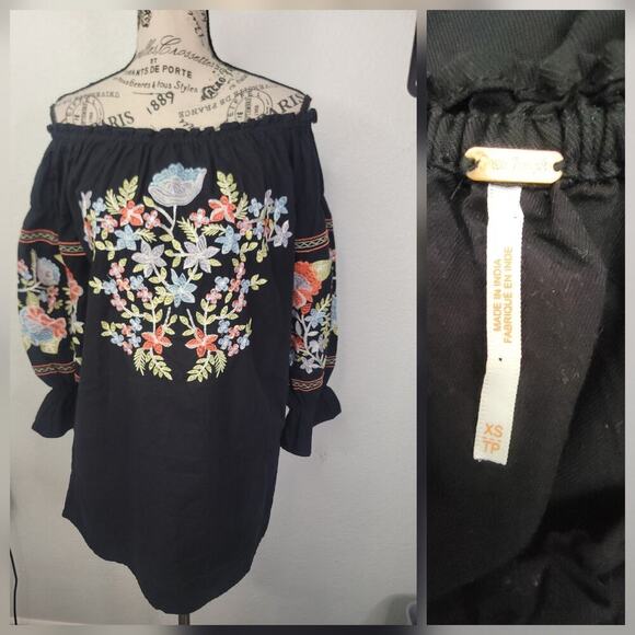 Free People Fleur Du Jour Mini Black Long Sleeve Embroidered Boho Dress Sz XS - Picture 1 of 11